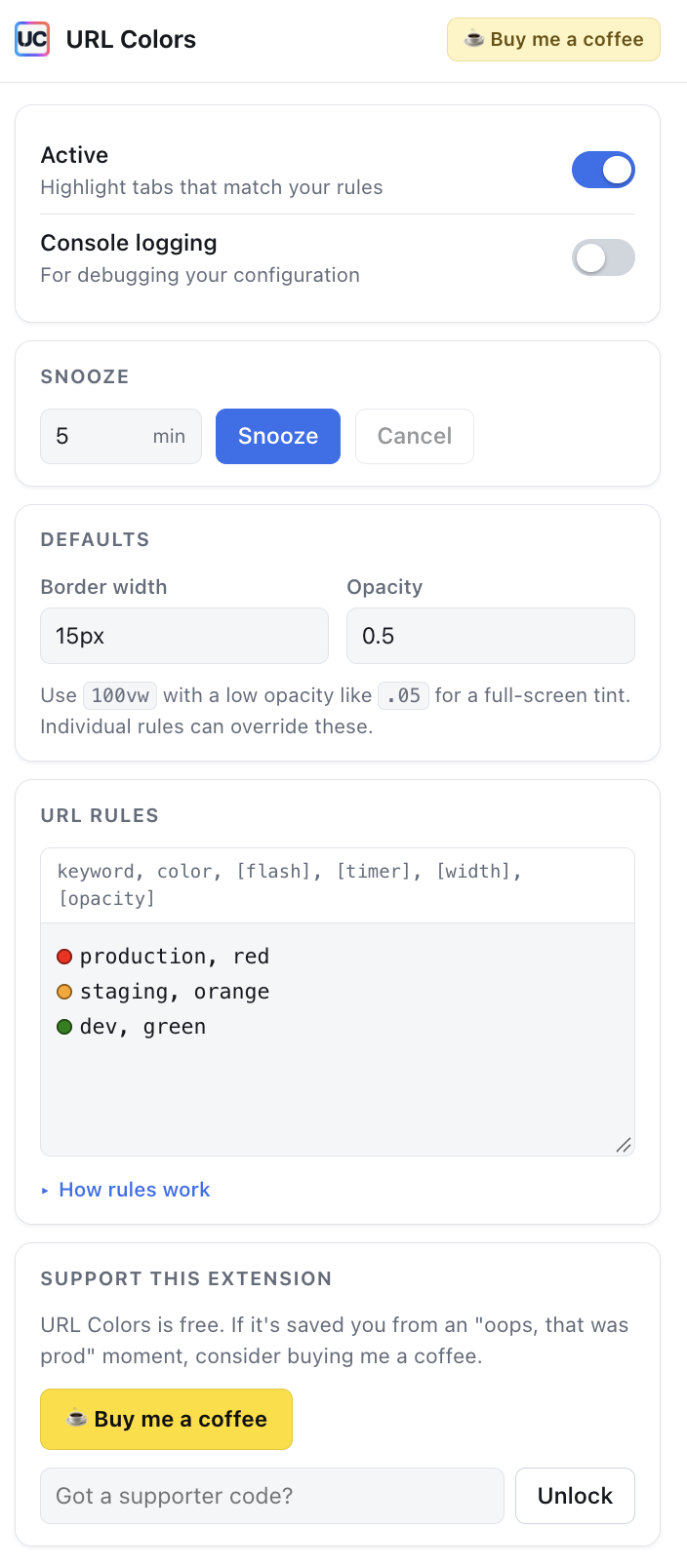 The URLColors popup showing the Active and Console logging toggles, a Snooze control, default border width and opacity fields, and a list of URL rules with a color preview dot beside each one.